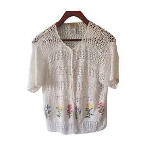 Teddi Vintage Crocheted Open Lightweight Cropped Floral Crosstitched  Cardigan